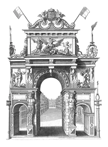 胜利之门 其形象为大公恩斯特 他将荷兰 贝尔吉卡 从特韦德拉赫特 迪斯科迪亚 的老式雕刻中解救出来 — 图库照片
