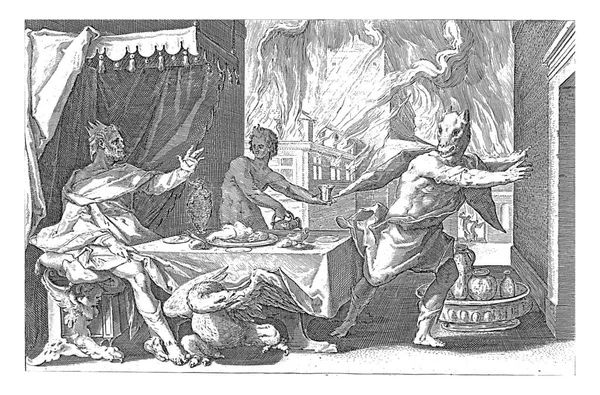 朱庇特坐在桌旁 鹰在他脚边 莱孔惊恐地从他身边逃走了 他的头已经变成了狼的头 雕刻着古老的版画 — 图库照片