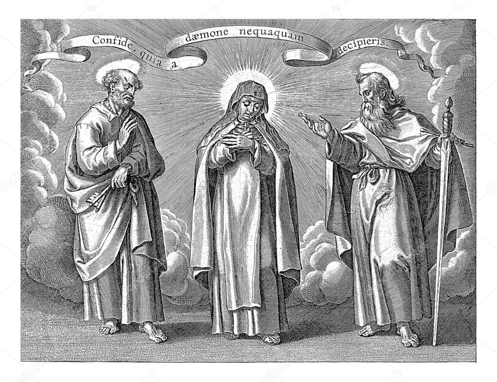 Saint Peter and Paul often assist Theresa in overcoming demons, anonymous, 1613 Print in album 'Vita B. Virginis Teresiae A, vintage engraving.