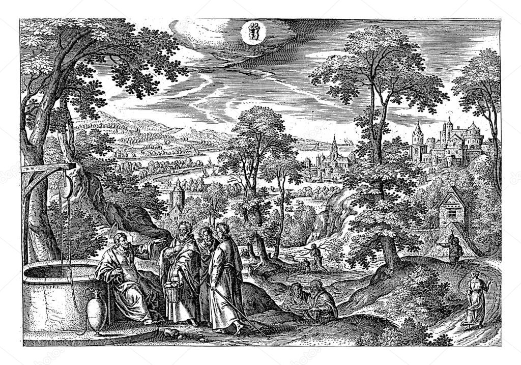 Above center the sign of the zodiac Gemini. In the foreground Christ at the well of Jacob. His students question him about the Samaritan woman who has just left, vintage engraving.