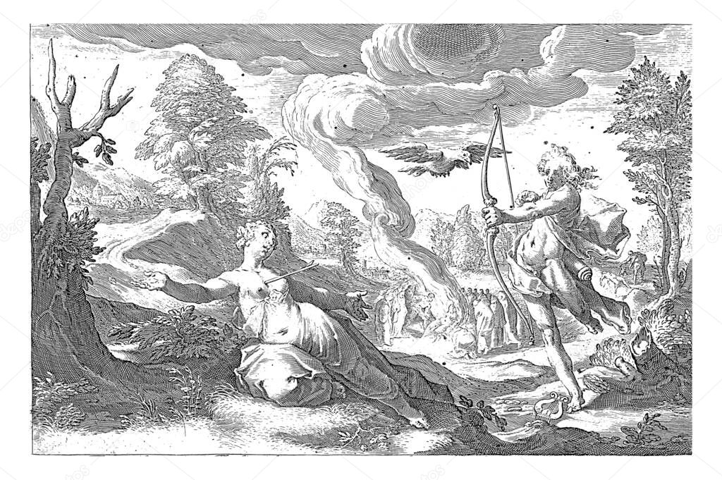 Despite the warning from the crow Cornix, the white raven Corvus tells Apollo of the adultery of his beloved Coronis, vintage engraving.