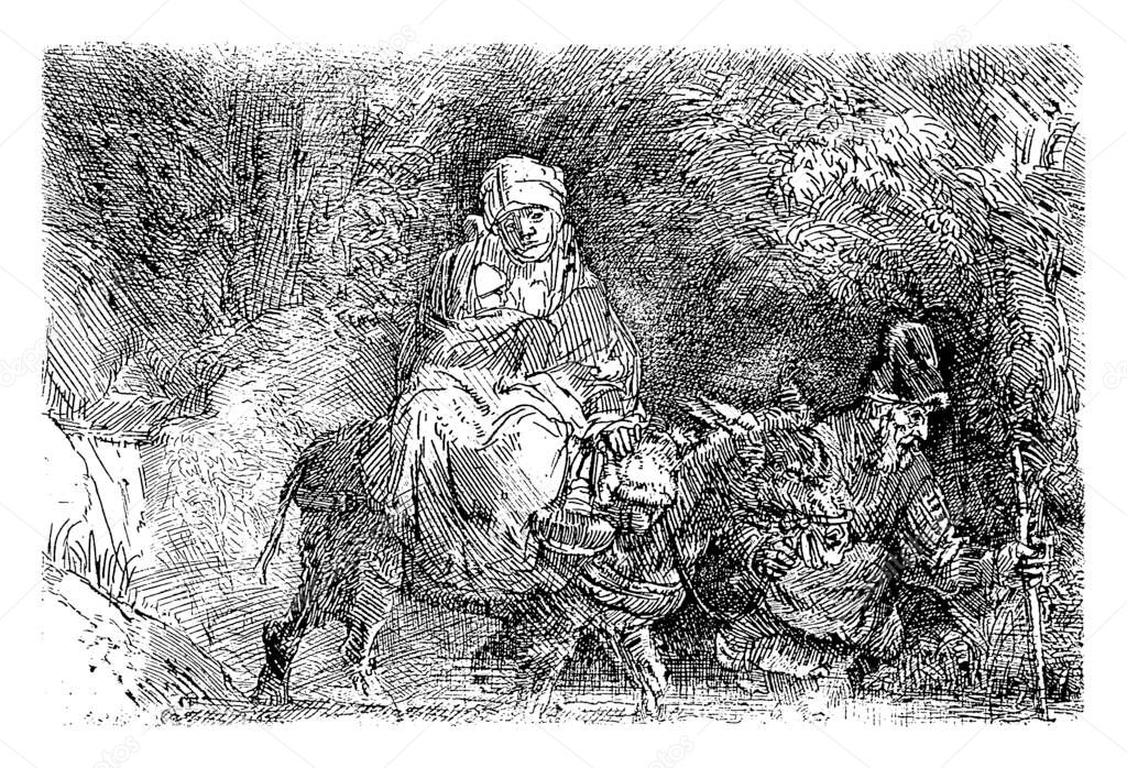 Flight into Egypt: Crossing a Stream, Rembrandt van Rijn, 1807 - 1808, vintage engraving.