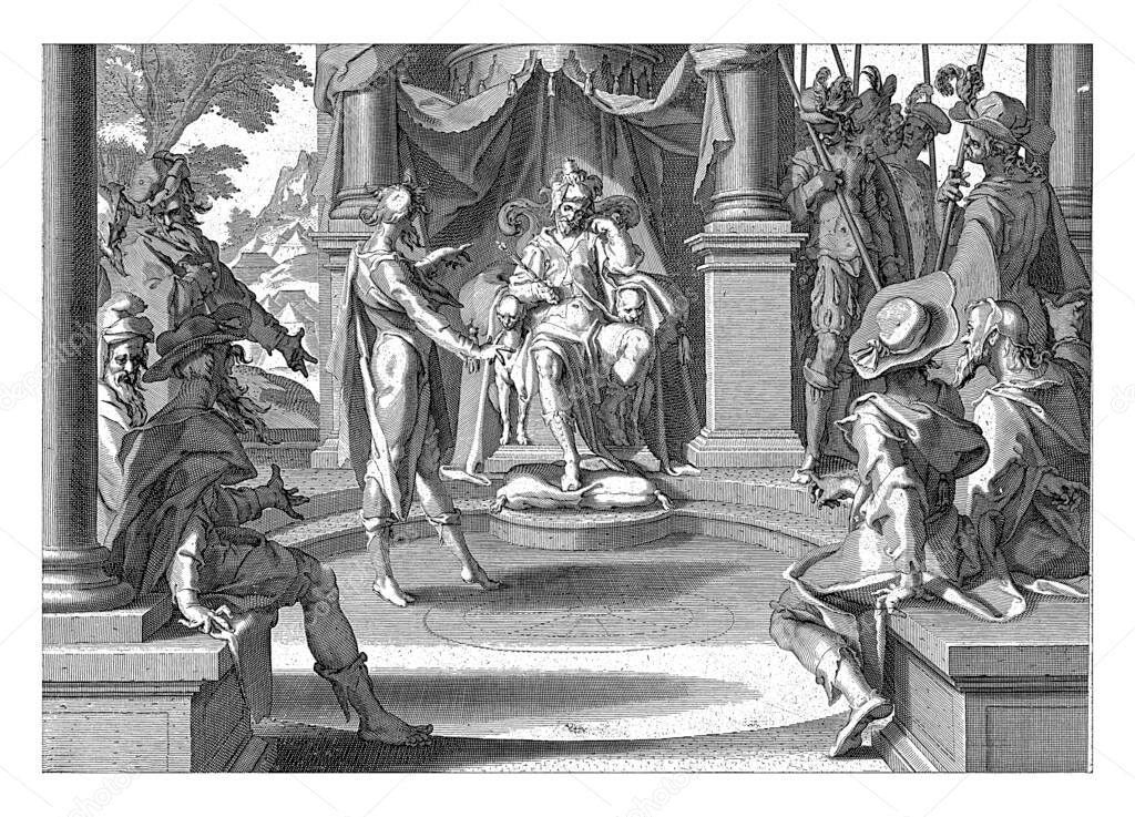 Alexander the Great sits as judge on his throne in a round courtroom. By keeping his left ear closed with his left hand, vintage engraving.