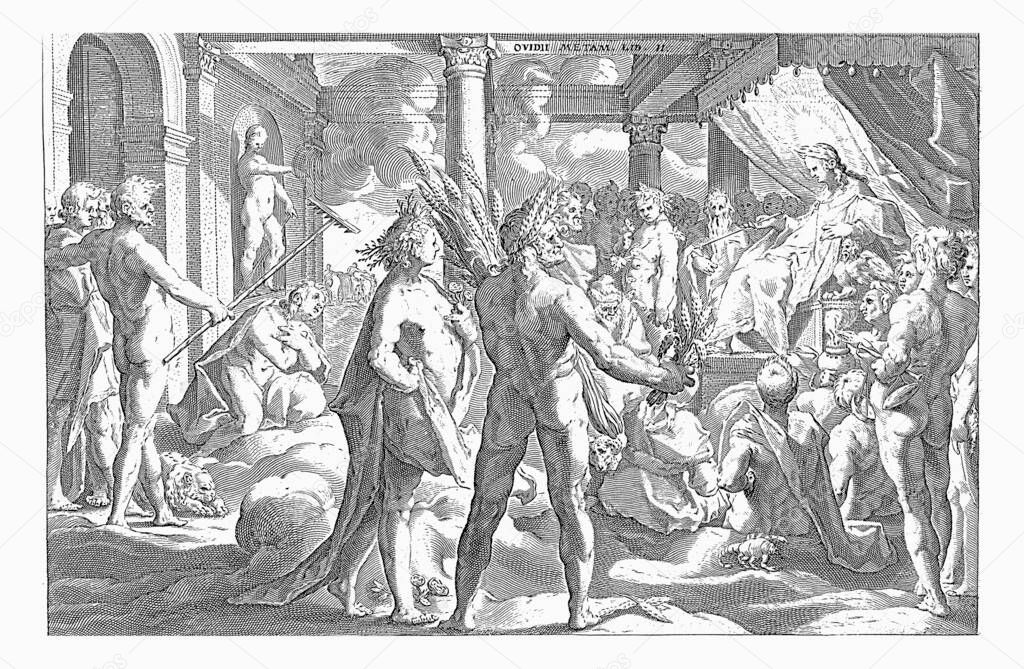 In the palace of the sun god Helios, Phaeton asks for proof that the sun god is his father, vintage engraving.