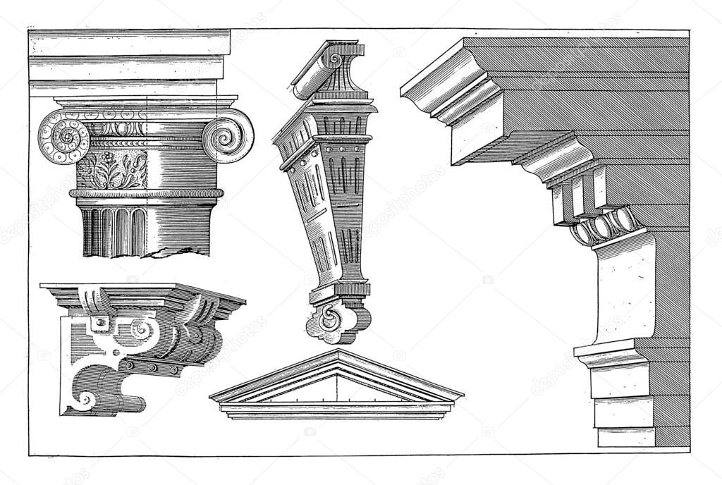 Ionic capital and main frame, Hendrick Hondius (I), after Hans Vredeman de Vries, after Paul Vredeman de Vries, 1620 Ionic capital, main frame and pediment, vintage engraving.