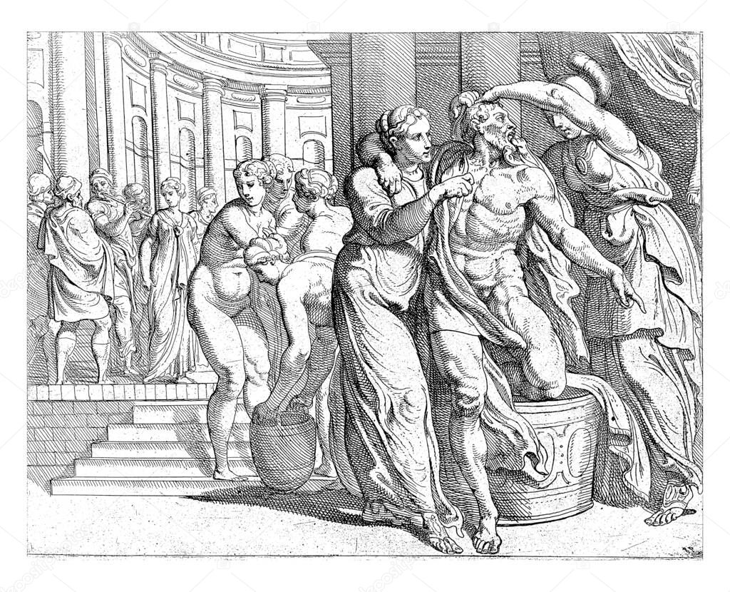 Odysseus and Minerva in the bathhouse, Odysseus is washed and made beautiful by Minerva before his meeting with Penelope, vintage engraving.