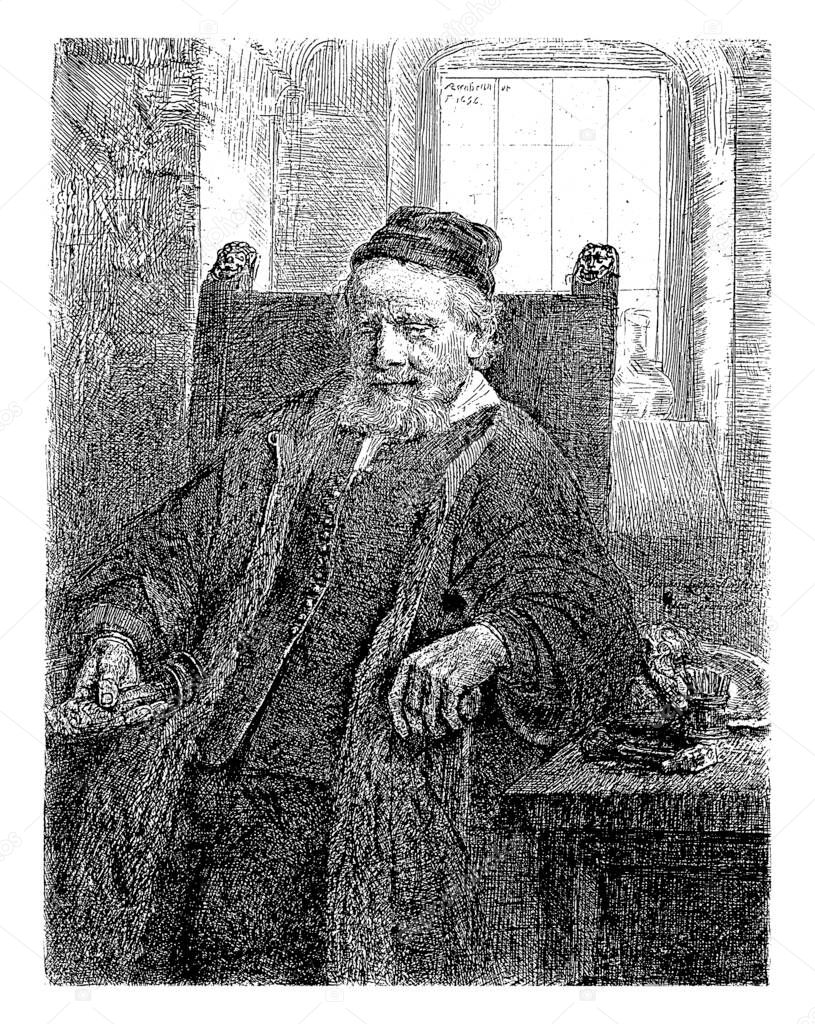 Portrait of the goldsmith Jan Lutma, Rembrandt van Rijn, 1807 - 1808, vintage engraving.