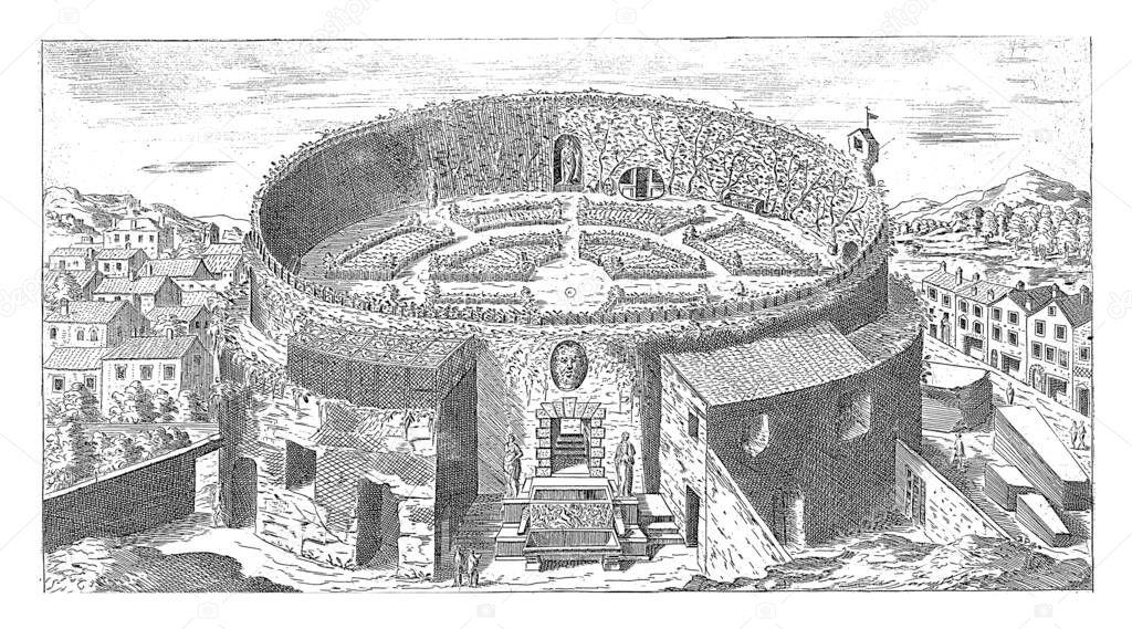 Mausoleum of Augustus with a landscaped garden in Rome, Etienne Duperac, 1575 View of the Mausoleum of Augustus with a landscaped garden in Rome, vintage engraving.