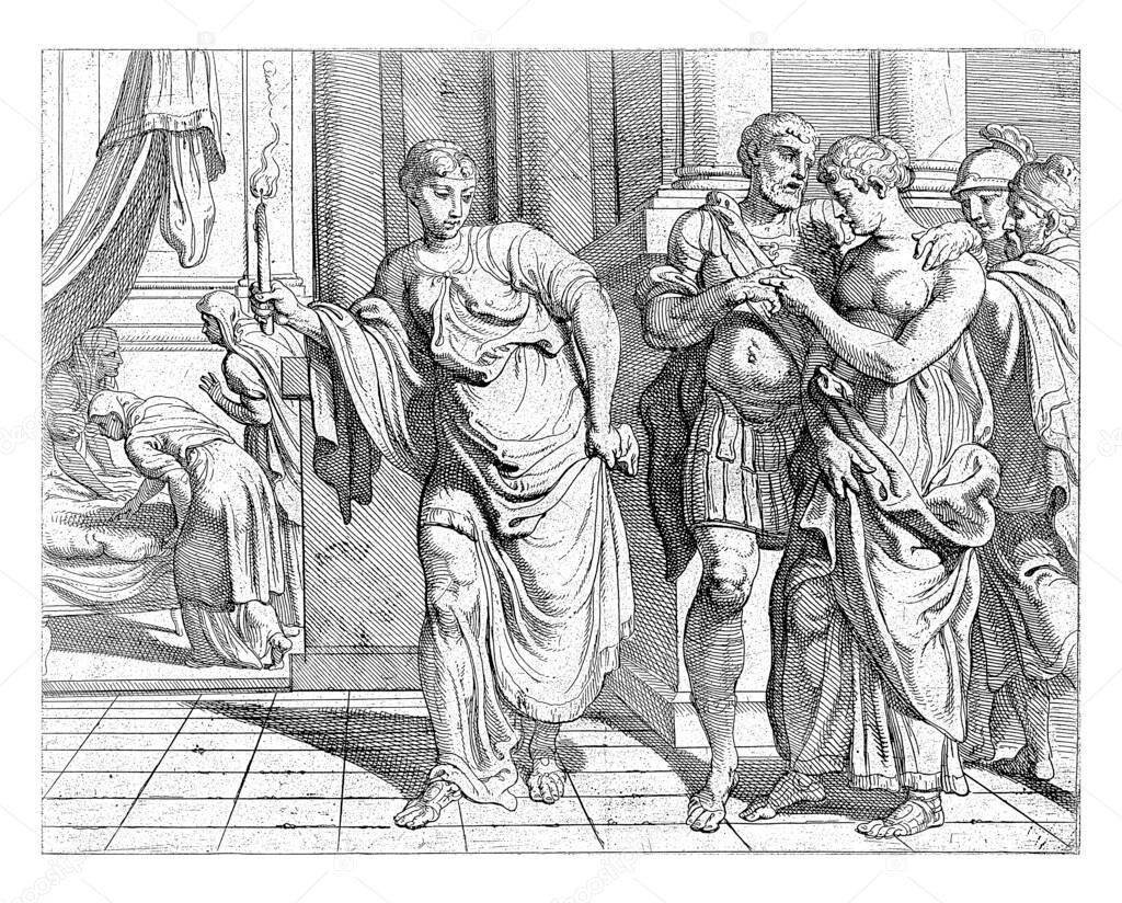 Odysseus and Penelope on their way to bed, After their reconciliation, Odysseus and Penelope walk towards bed, vintage engraving.