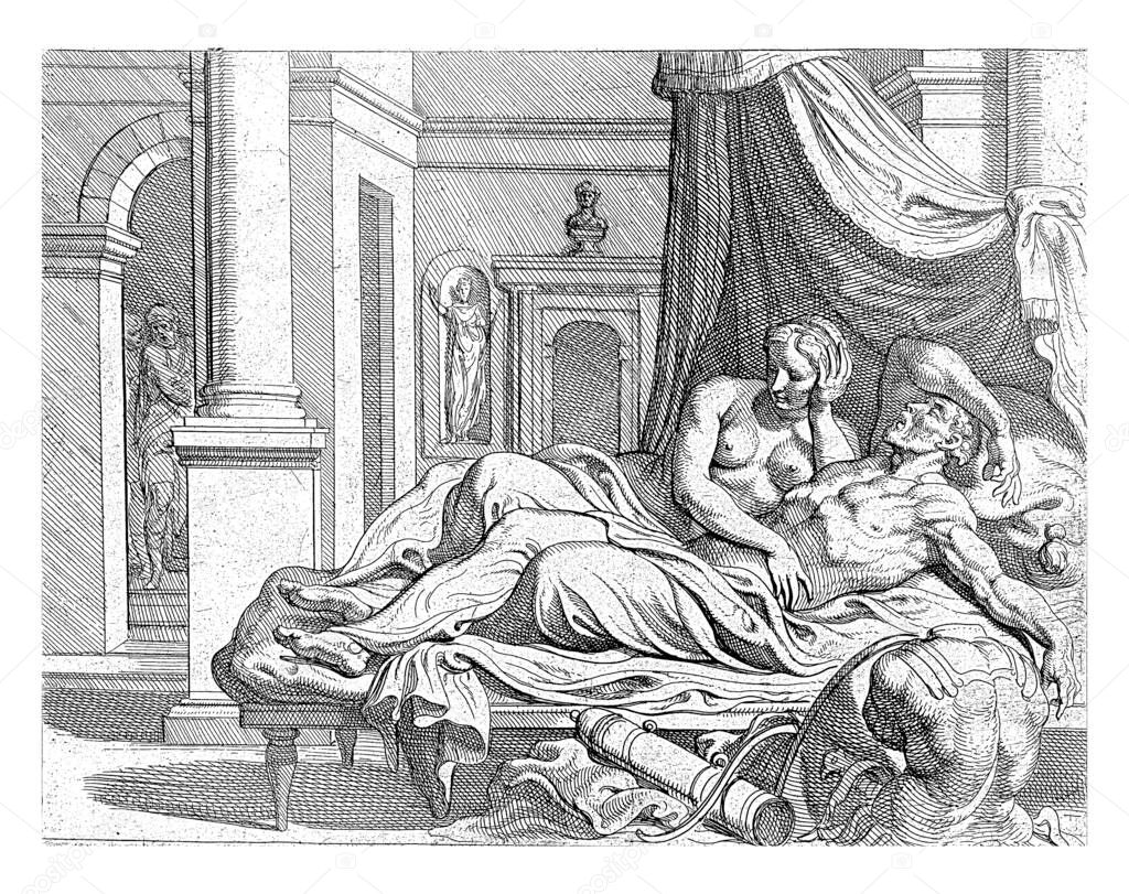 Penelope questions the identity of Odysseus, After Odysseus told Penelope of his adventures, he fell asleep, vintage engraving.