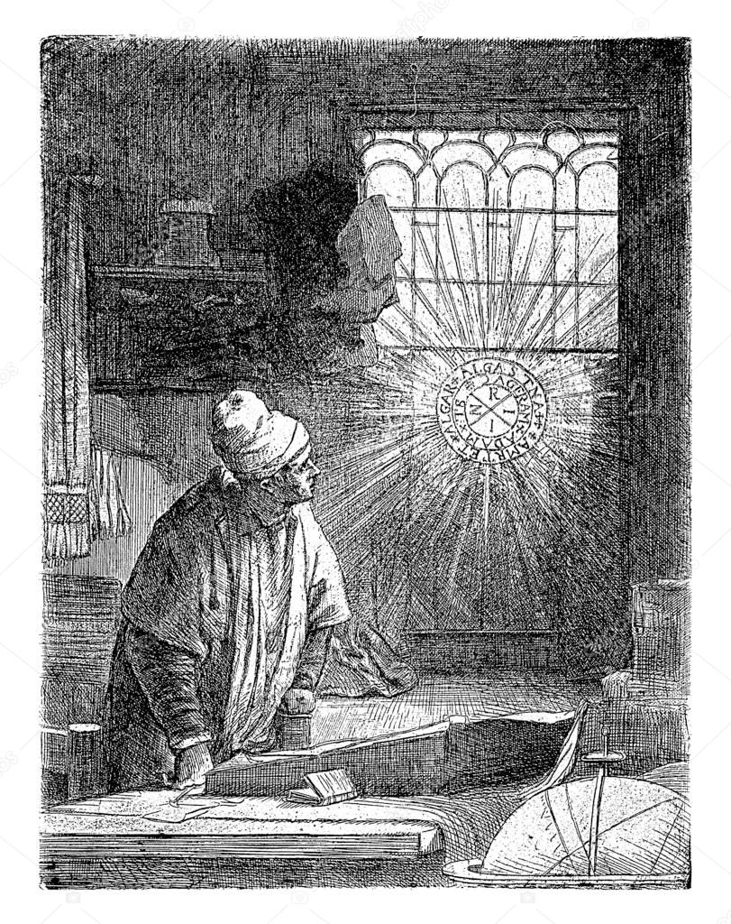 Scholar in his study (Faust), Rembrandt van Rijn, 1807 - 1808, vintage engraving.