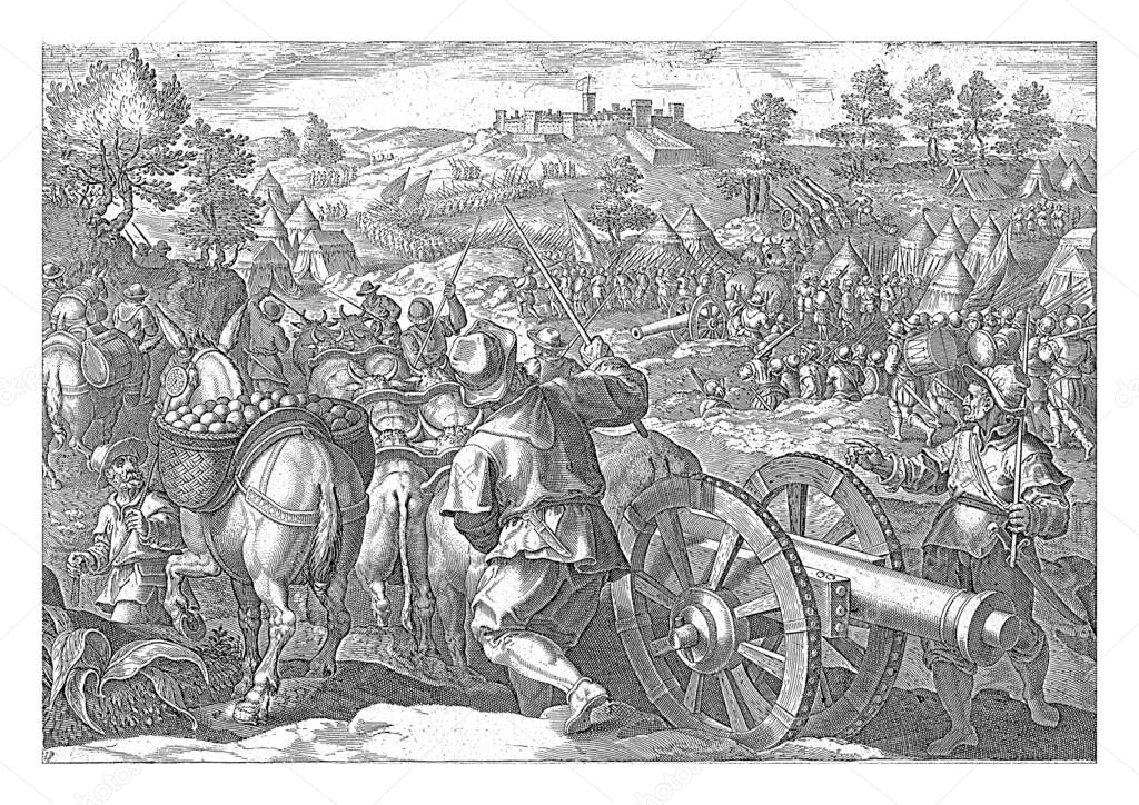 Cosimo de 'Medici and his troops advance to Monteriggioni, near Siena. In the foreground, a cannon is pulled by ten oxen, vintage engraving.