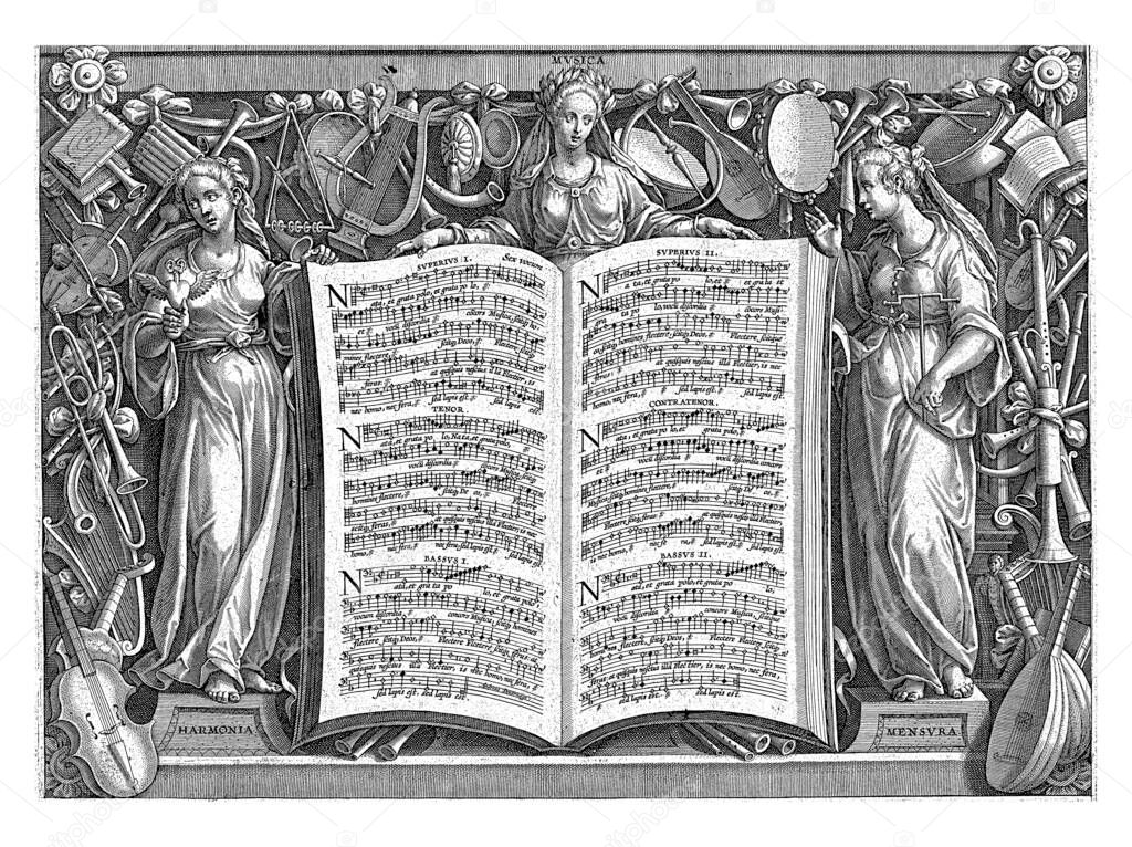 Allegory of the Praise of Music. Title print for the series entitled: Encomium Mucies. In the middle an open book with the musical notation of the six-part motet, vintage engraving.