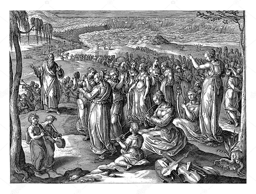 After the safe passage through the Red Sea, the Israelites say a song of thanks. Moses is on the left, vintage engraving.