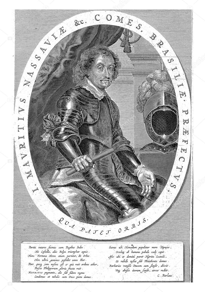 Portrait of John Maurice, Prince of Nassau-Siegen, 1647, Knee sitting in armor, to the right, vintage engraving.