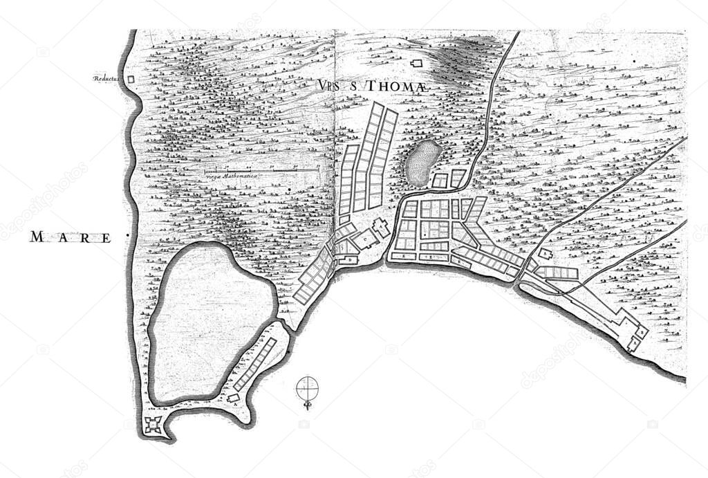Map of the city of Sao Tome on the island of Sao Tome, The island has been conquered by a Dutch fleet of the WIC commanded by Cornelis Cornelisz Jol, vintage engraving.
