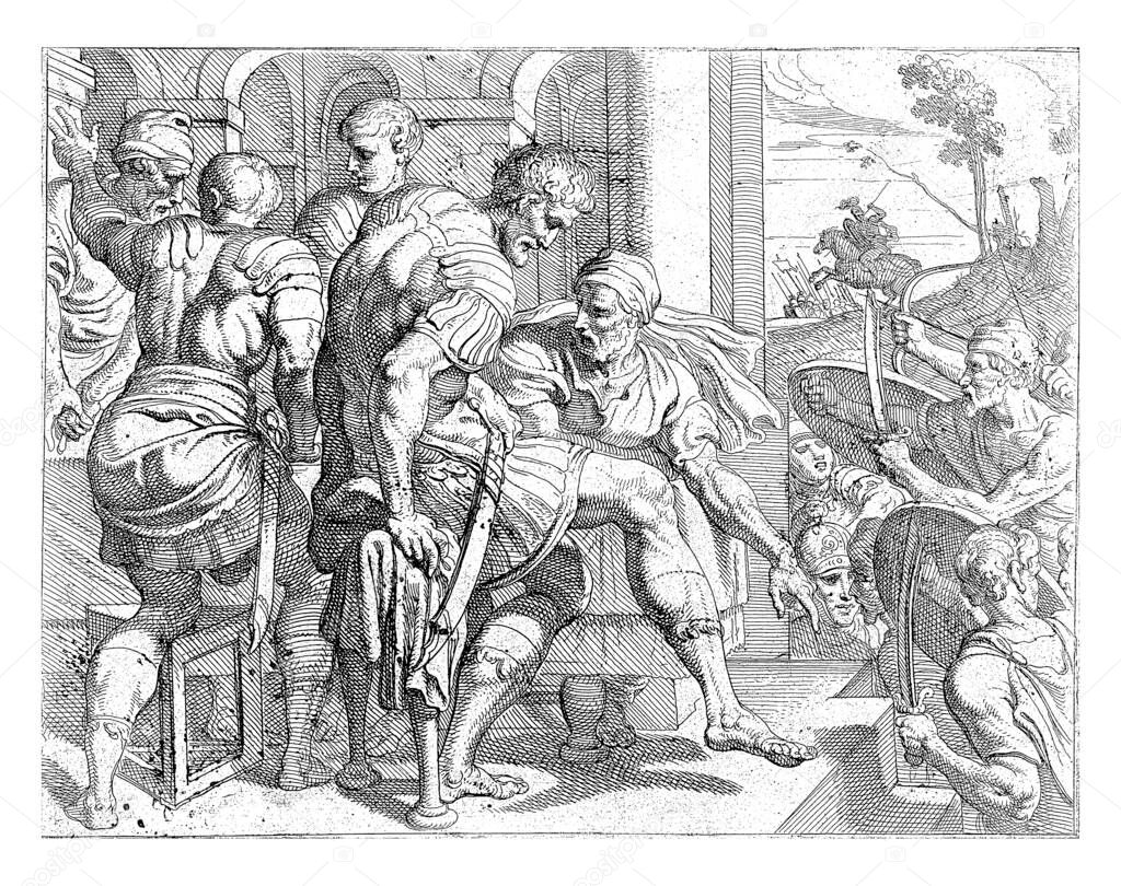 Laertes' house attacked, The relatives of the deceased suitors want revenge and storm the house of Laertes, vintage engraving.