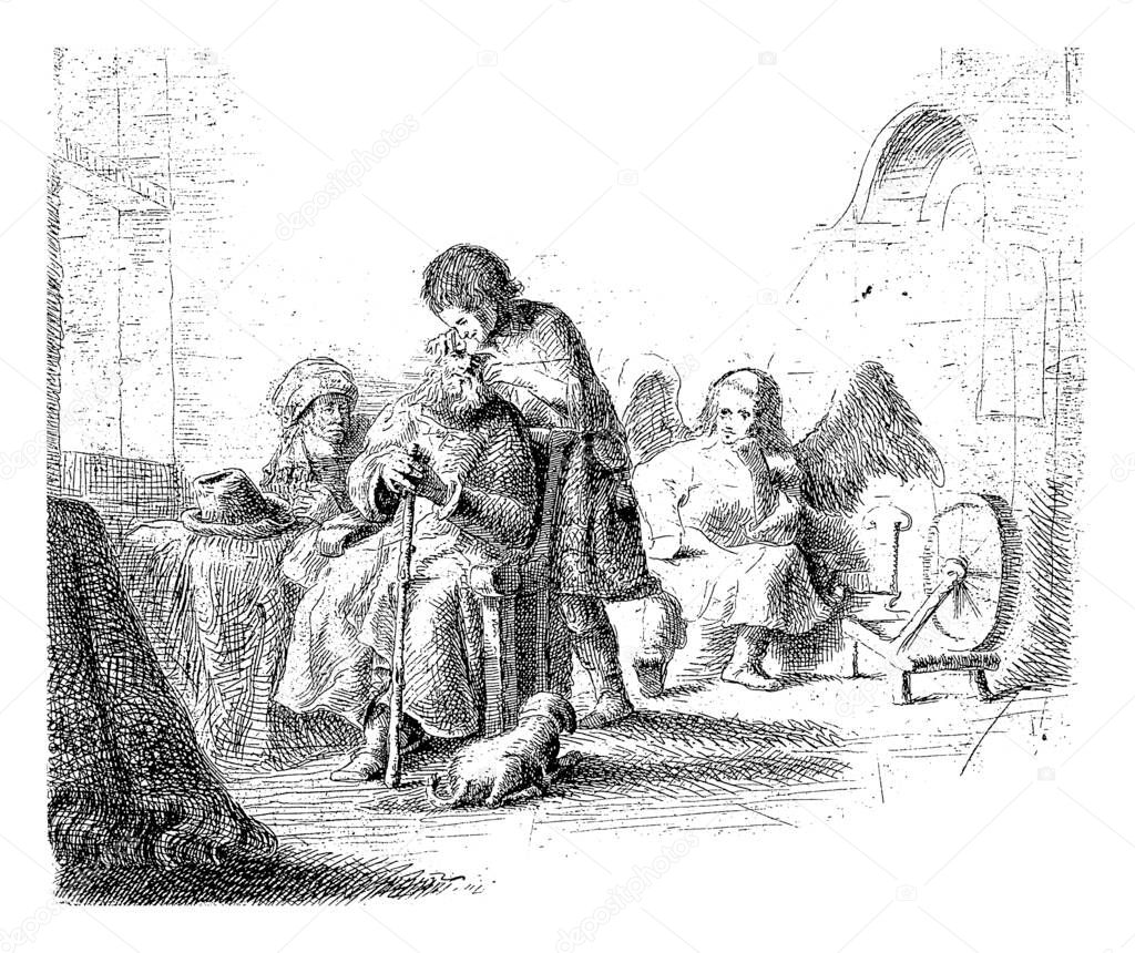 Healing of the blind Tobias, Ignace Joseph de Claussin, after Rembrandt van Rijn, 1807 - 1808, vintage engraving.