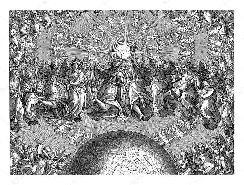 God's answer to Job, seraphim and cherubs playing music float in circles around the earth. In the middle of the whirlwind the Hebrew letters for Jaweh, vintage engraving.