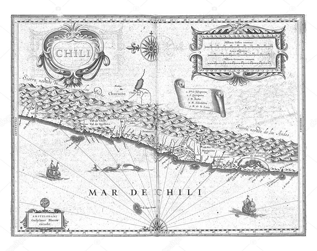 Map of part of the coast of Chile, c. 1625, anonymous, 1645 - 1647 Map of part of the coast of Chile, c. 1625. With several cartouches with inscriptions, vintage engraving.