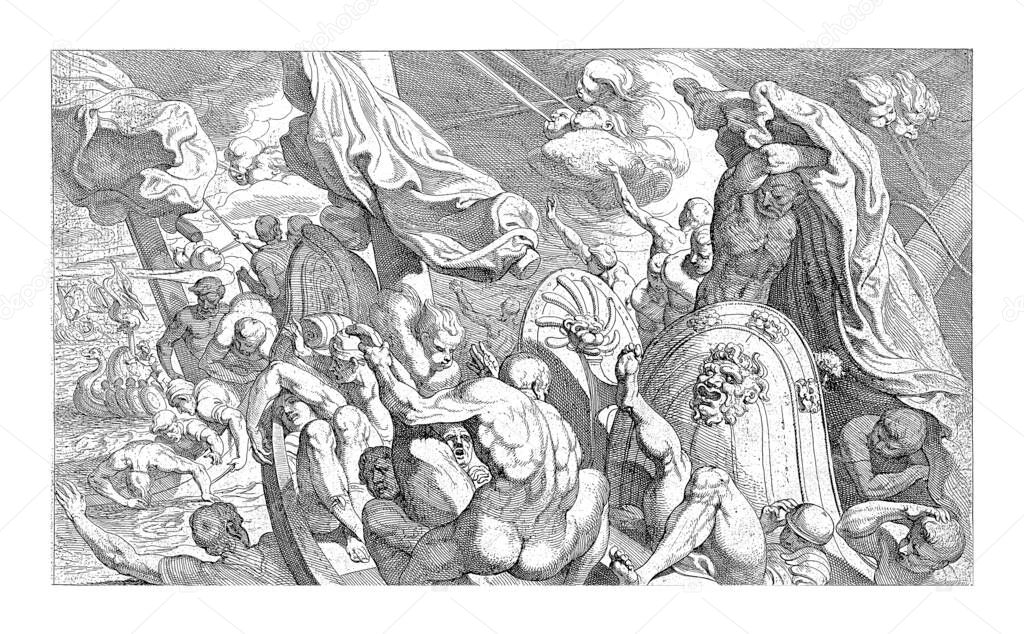 While Odysseus is sleeping, his companions open the bag of headwinds that Aeolus has given them. The winds are escaping and the passengers are trying to find a safe haven, vintage engraving.