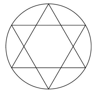 İki eşkenar üçgen (sıklıkla Davut 'un Yıldızı olarak tanımlanır) tarafından oluşturulan 6 noktalı bir yıldızın geometrik yapısı bir daireye, klasik çizgi çizimine veya resimlendirmeye kazınmış.