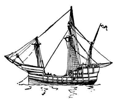 Bu Penta gemisi 1492 'de Christopher Columbus tarafından kullanılan üç gemiden en hızlısıdır. Klasik çizim ya da gravür çizimi.. 
