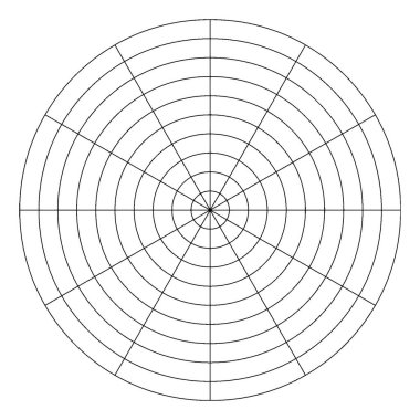 Yarıçapı gösteren ve her biri 30 derecelik (etiketlenmemiş) bölümlere bölünmüş 10 eşmerkezli bir kutup grafiği, vintage çizgi çizimi veya resimleme.
