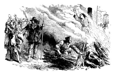 Köylüler, büyücülük, klasik çizim ya da oymacılık suçlarından suçlu bulunan bir insanı ateşle yakarak cezalandırıyorlar..