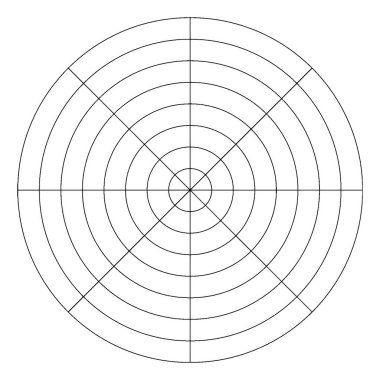 Geometric construction of a polar graph/grid that is marked, but not labelled, in 45; increments and units marked to 8, vintage line drawing or engraving illustration clipart