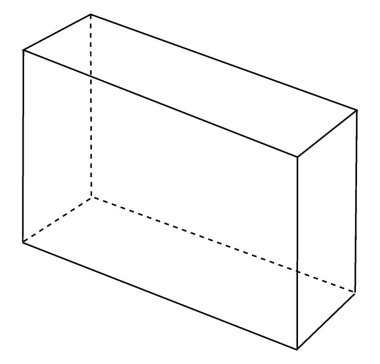Sağ dikdörtgen prizma, bir açıyla bakıldığında, tabanlar eş dikdörtgenlerdir ve zıt yüzler eş dikdörtgenlerdir, klasik çizgi çizimi veya kabartma resimleridir..