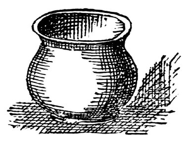 Büyük metalik ya da topraksı bir kap, yuvarlak ya da silindirik bir kap, yemek pişirmek ve su depolamak için kullanılır, eski model çizim ya da resimleme için 