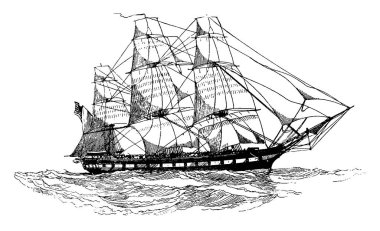 Bir geminin tipik bir temsili, insanları ya da malları denizden taşımak için büyük bir tekne, denizde yelken açmak, klasik çizim ya da gravür yapmak için. 