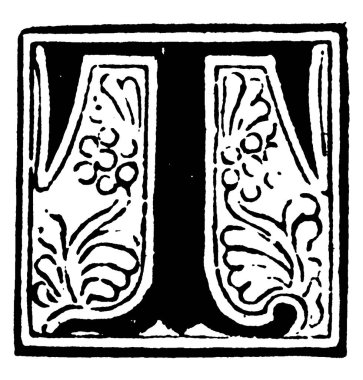 Merkezde tekrar eden süslü tasarımlar ve dekorasyonlar, klasik çizimler veya gravür örnekleriyle çevrelenmiş 'büyük harf-T' alfabesinin tipik bir gösterimi.