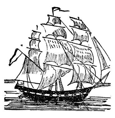 Bir geminin tipik bir temsili, insanları ya da malları denizden taşımak için büyük bir tekne, denizde yelken açmak, klasik çizim ya da gravür yapmak için. 