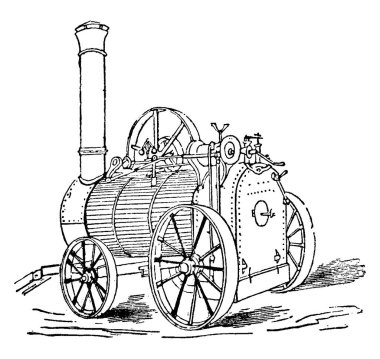 Buharı mekanik işe çeviren taşınabilir, harici, yanmalı ısı motorunun tipik bir temsili. Çalışırken bir yerde duruyor olsa da, bir siteden diğerine kolayca taşınabilir, vintage çizim ya da oyma illus.