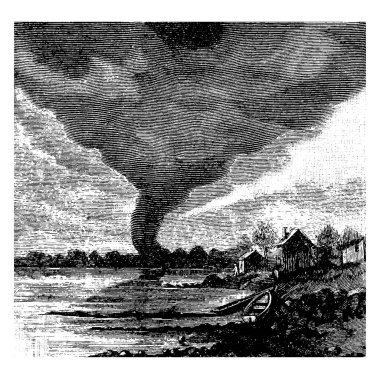 Bir kasırga, bulutlar ve yeryüzü ile havayı döndürür, vintage çizgi çizimi veya oymacılık çizimi.