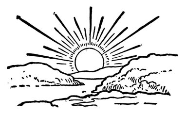 Güneşin tepeden doğuşunun tipik bir temsili, günün şafağını, klasik çizim ya da oyma resimlerini gösterir..