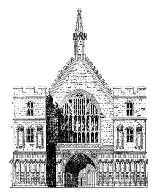 Westminster Hall Sarayı, Thames nehrinin kıyısında, Westminster şehrinde, Londra 'nın merkezinde, klasik çizim ya da gravür çizimi..