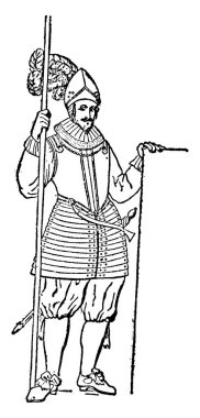 Bir piyade piyadesinin tipik bir temsili, mızrak, klasik çizim ya da gravür resimleriyle donatılmış bir asker..