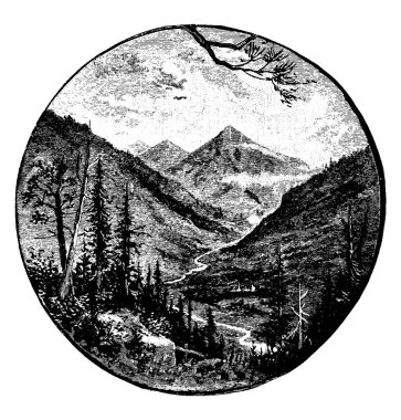 Dağlar arasında bir vadiyi gösteren bir kürenin çizimi, eski çizimler veya oyma resimler..