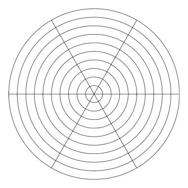 İşaretli ama etiketlenmemiş bir kutup grafik / ızgarasının geometrik yapısı; 10 'a kadar olan artışlar ve birimler, klasik çizgi çizimi veya resimleme