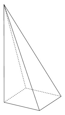 Gizli kenarları olan, sağa dönük olmayan, eğri büğrü, dikdörtgen bir piramit gösterilir. Taban bir dikdörtgen ve yüzler ikizkenar üçgenler, klasik çizgi çizimleri veya oyma çizimleri..