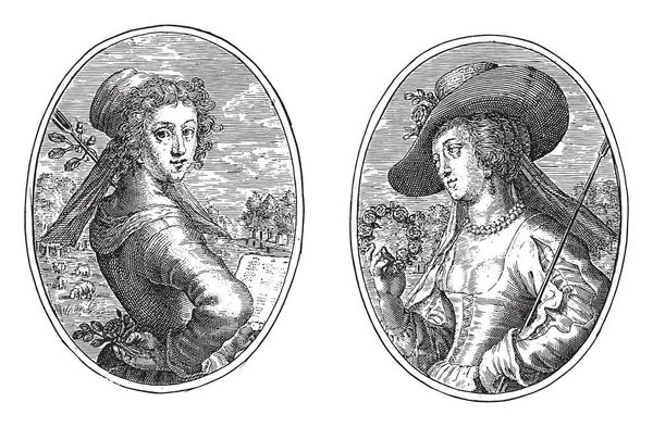 Zwei Darstellungen Auf Einem Albumblatt Links Silvia Mit Hirtenstab Und — Stockvektor