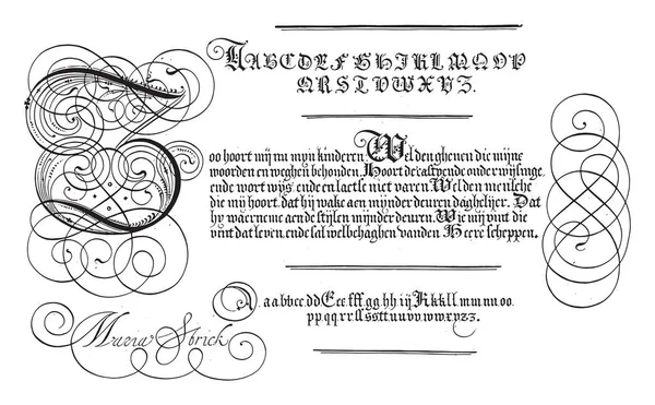 用大写字母Z写例子 斯特里克 1618用大写字母Z写例子 用荷兰语写六行文字 古老的版画 — 图库矢量图片