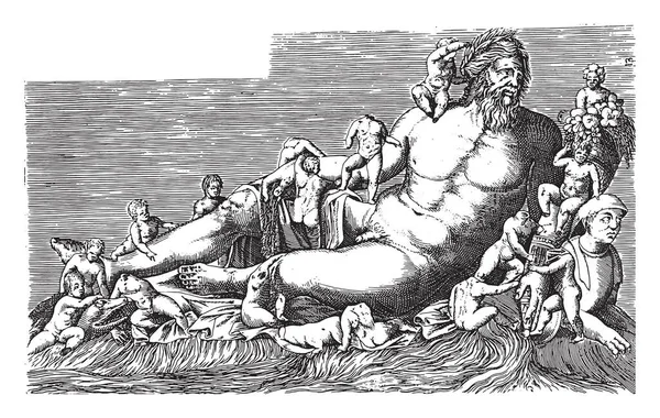 ナイル川の彫刻 1584年ナイル川の神の像果物 スフィンクス 小さな男の子と角の属性としてのナイル川 ヴィンテージ彫刻 — ストックベクタ