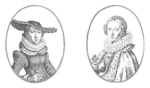 专辑页面上的两个描述 左边是男妓玛丽亚 斯特拉斯堡 右边是屠夫的妻子Catrijn Van Praag 她是古老的雕刻家 — 图库矢量图片