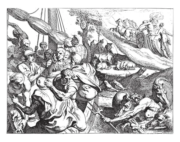 Скот Гелиоса Голодные Товарищи Одиссея Убивают Одного Скота Бога Солнца — стоковый вектор