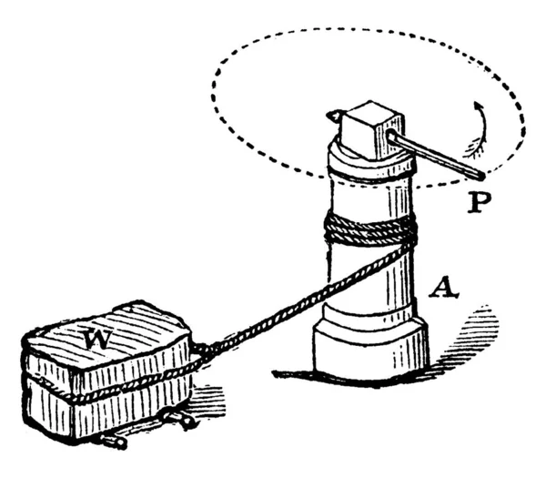 绞车是一种简单的木制机器 用于拖曳或拖曳重物 制作老式线条或雕刻插图 — 图库矢量图片