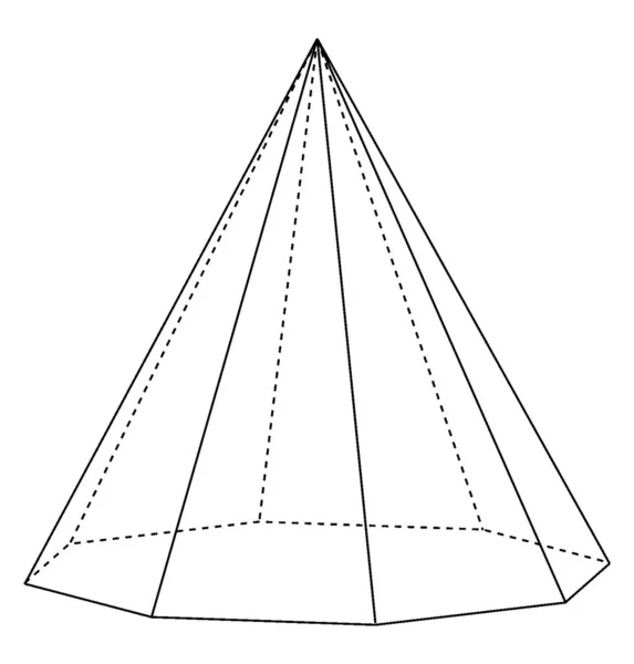 隠された縁を持つ右八角形のピラミッドの幾何学的構造が示されています 基部は八角形で 顔はアイソセル三角形 ヴィンテージライン図面や彫刻イラストです — ストックベクタ